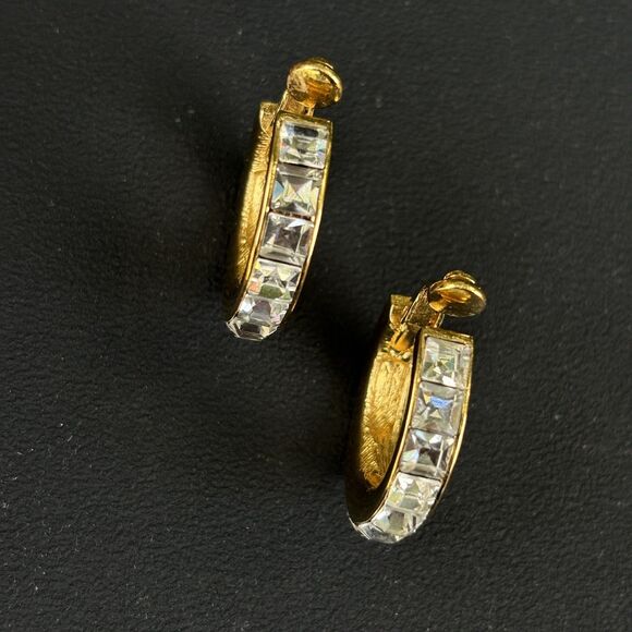 Givenchy Vintage Crystal Earrings Gold Clear Square Crystals Hoop Signed 1980s - Picture 4 of 9
